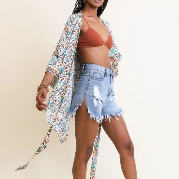 Floral Front Tie Kimono Wrap Lightweight Boho Layer One Size Multicolor Flowers - Picture 4 of 4